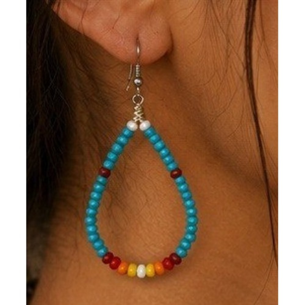 Turquoise Seed Bead Hoop Dangle Earrings Native Inspired Southwestern Boho